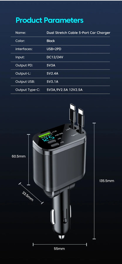 5 in 1 150W Car Charger Voltage Display PD30W Super Fast Charging 22.5W With Retractable Cable For IPhone Xiaomi Samsung