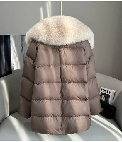 High end Faux Fox fur detachable Large Lapel fur Down Jacket For women 2025 Winter New Medium long Loose White goose Down Coats