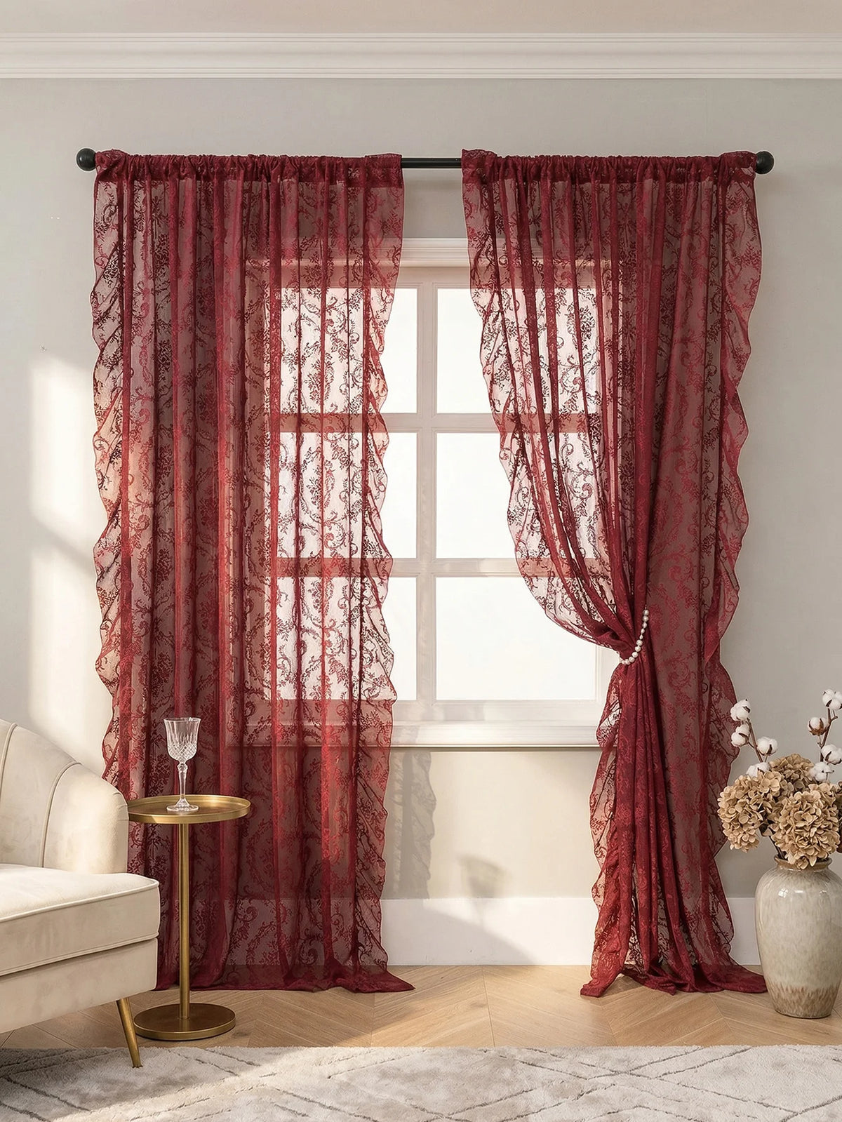 Vintage Burgundy Lace Sheer Curtains, Rod Pocket Ruffled Lace Window Curtains for Living Room Bedroom