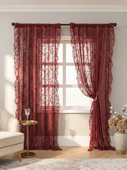 Vintage Burgundy Lace Sheer Curtains, Rod Pocket Ruffled Lace Window Curtains for Living Room Bedroom