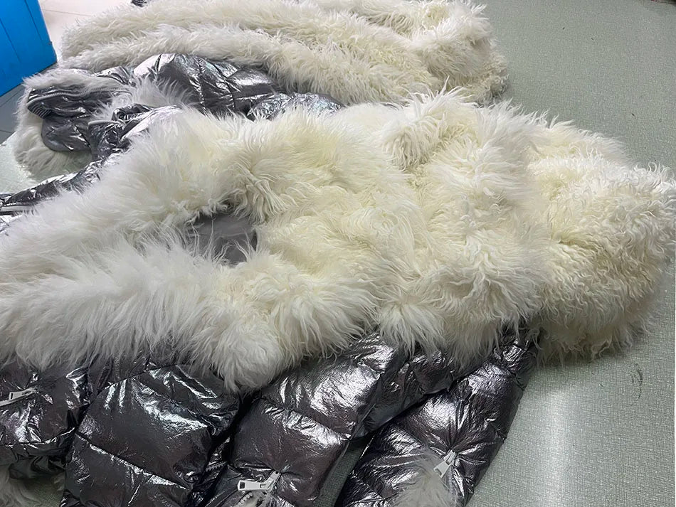Maomaokong 2023 Women Winter Natural Real Fur Collar Thick White Duck Down Jacket Luxury Female Clothes Outerwear Puffer Coat