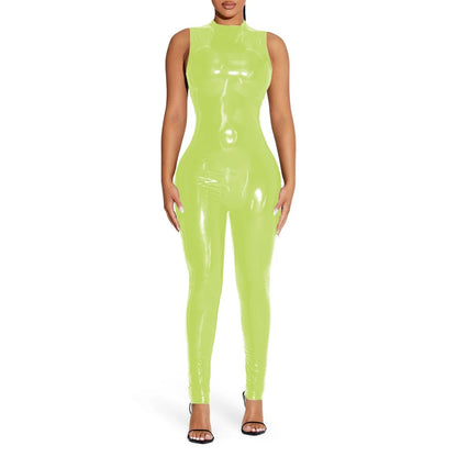 PVC Sleeveless Jumpsuit for Ladies, Wet Look, Shiny Patent Leather, O-Neck Bodycon, Tank Catsuit, Stretch Slim Rompers, Sexy