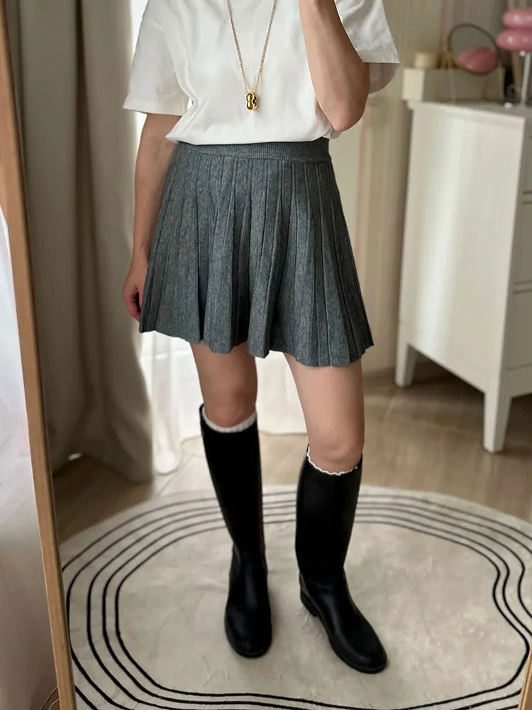 Autumn Knit White Mini Pleated Skirts For Women A Line Skirt Gray High Waist Women Knitted Pleated Short Skirts Korean Fashion