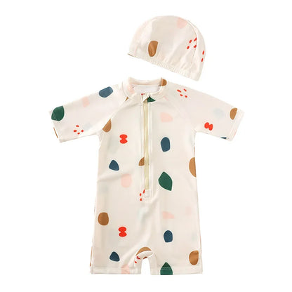 Baby Toddler One-piece Swimsuit With Hat Cartoon Print Kids Short Sleeve Zipper Swimwear Sun Protection For 0-7Y Boys Girls