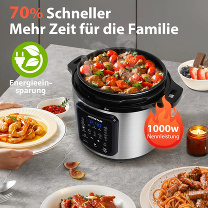 Aigostar Pressure Cooker 6L, 18-in-1 Multicooker, Keep Warm, Non-Stick Coating, Easy Cleaning, Digital Touchscreen, 1000W Pressu