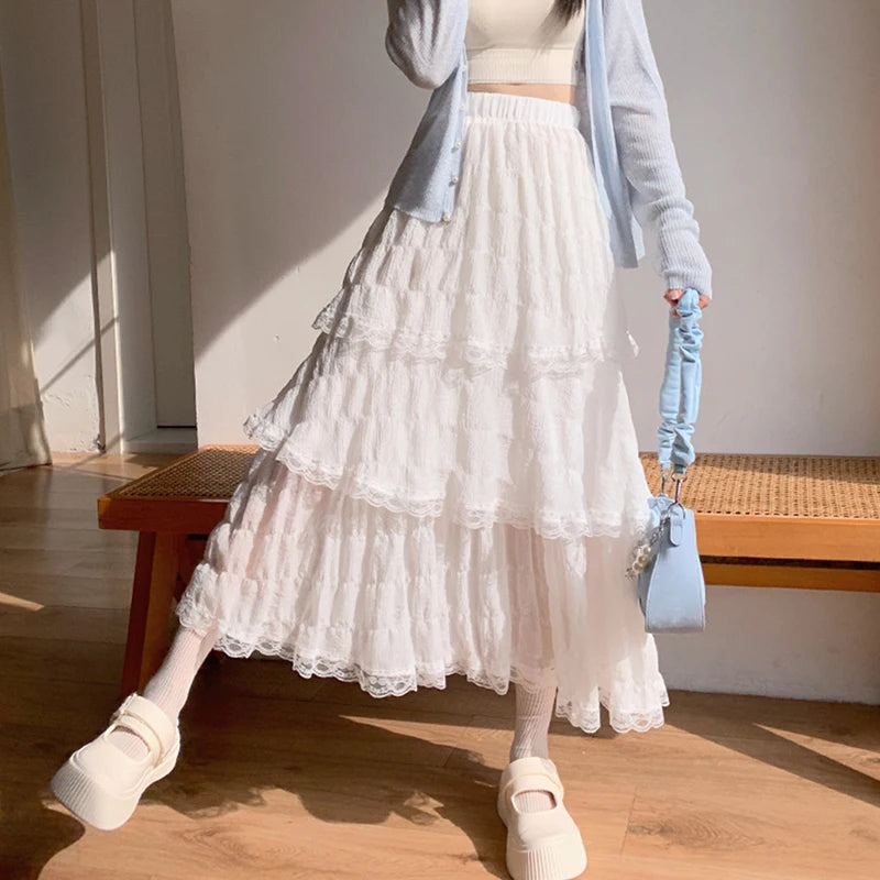 Sweet Lace Women Cake Puff Chiffon Skirts Summer Stylish Tierred Pleated Hem Solid Long Skirt Korean A-Line High Waist Skirts