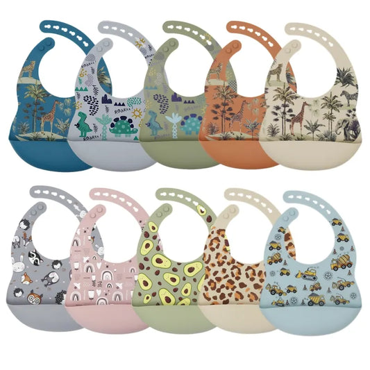 New Arrival Silicone Baby Bibs Silicon Printing Newborn Bib Feeding Burp Cloth Avocado Zoo Tractor Printing Tableware