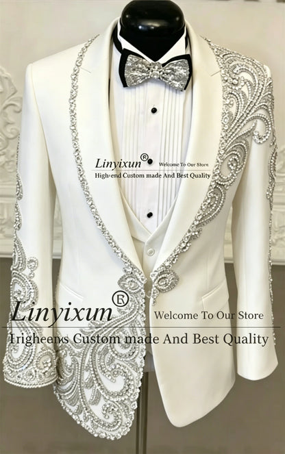 Designer Style Sparkling Diamond Men Suits For Wedding Prom Blazers Outfits 3 Pieces Groom Tuxedos Customized trajes para hombre