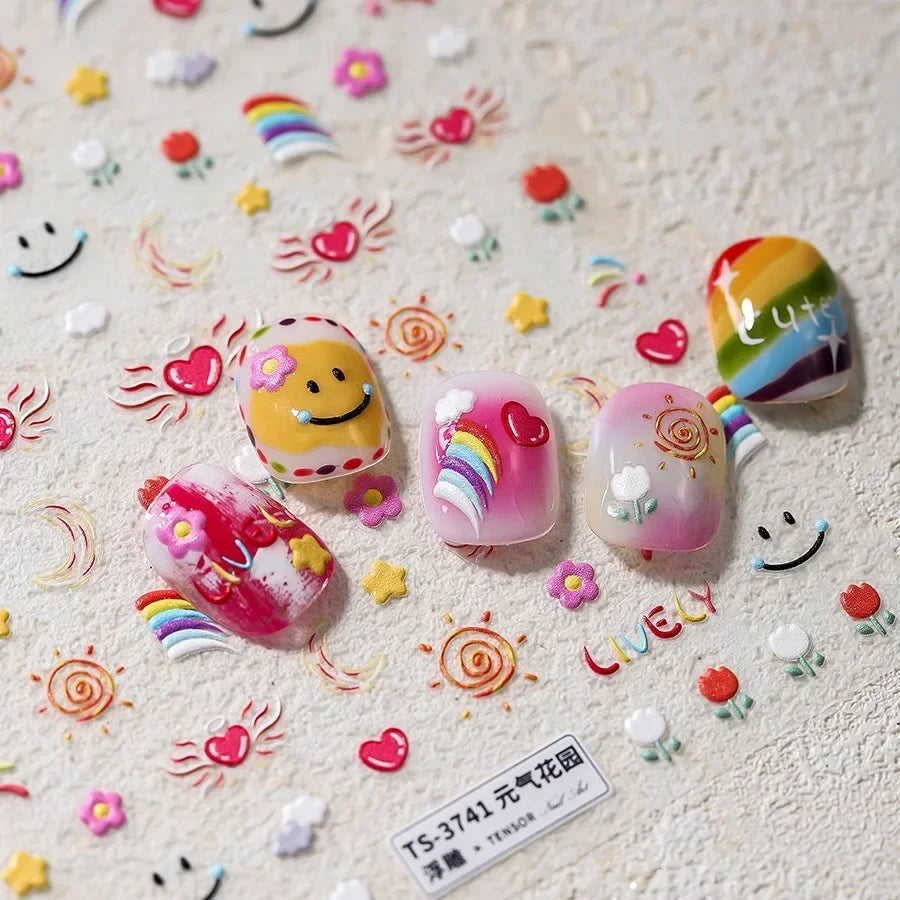 Lovely Animal Graffiti Cat Claw Rabbit Bunny Bear Dog Flower Fruit Dim Sum Candy Sunflower Adhesive 5D Nail Art Stickers Decal