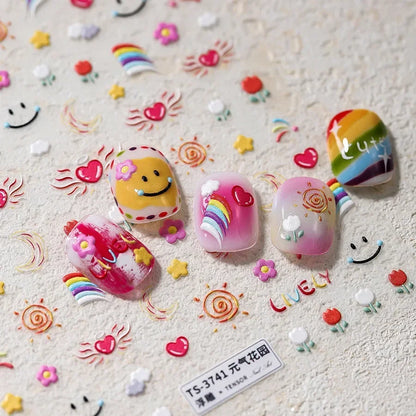 Lovely Animal Graffiti Cat Claw Rabbit Bunny Bear Dog Flower Fruit Dim Sum Candy Sunflower Adhesive 5D Nail Art Stickers Decal