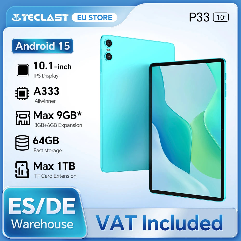 Teclast P33 Android 15 Tablet, 10.1 Inch IPS, Allwinner A333, 9GB(3GB+6GB) RAM 64GB ROM (Expandable 1TB), WiFi 6, 6000mAh, 5MP Camera, Metal Body, Tablet PC