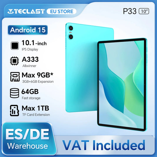 Teclast P33 Android 15 Tablet, 10.1 Inch IPS, Allwinner A333, 9GB(3GB+6GB) RAM 64GB ROM (Expandable 1TB), WiFi 6, 6000mAh, 5MP Camera, Metal Body, Tablet PC