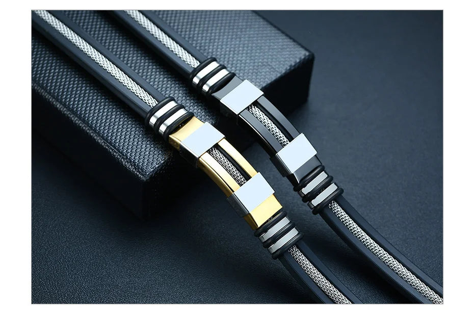 Vnox Stainless Steel Bracelet Men Wrist Band Black Grooved Rudder Silicone Mesh Link Insert Punk Wristband Stylish Casual Bangle
