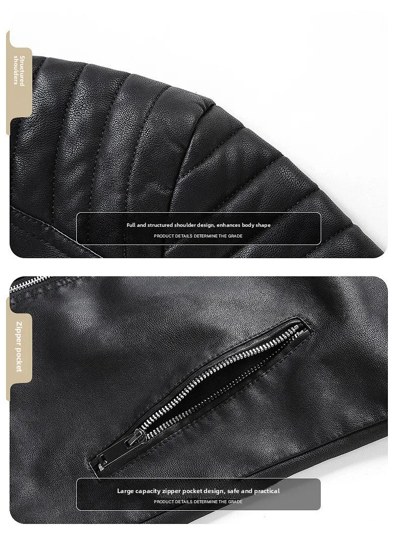 Spring Autumn Men's Biker Style Thin Top Layer Leather Jacket Motorcycle Outerwear Lightweight Korean Version Zipper Closure