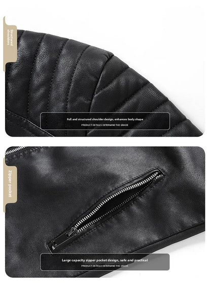 Spring Autumn Men's Biker Style Thin Top Layer Leather Jacket Motorcycle Outerwear Lightweight Korean Version Zipper Closure