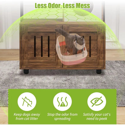 Garvee Cat Litter Box Cabinet with Cat Tree, Large Wooden Cat Furniture with Storage Compartment, Cave, Hammock & Play Ball, Corner Cat Bed for Safe & Cozy Resting