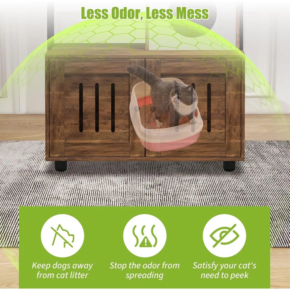 Garvee Cat Litter Box Cabinet with Cat Tree, Large Wooden Cat Furniture with Storage Compartment, Cave, Hammock & Play Ball, Corner Cat Bed for Safe & Cozy Resting