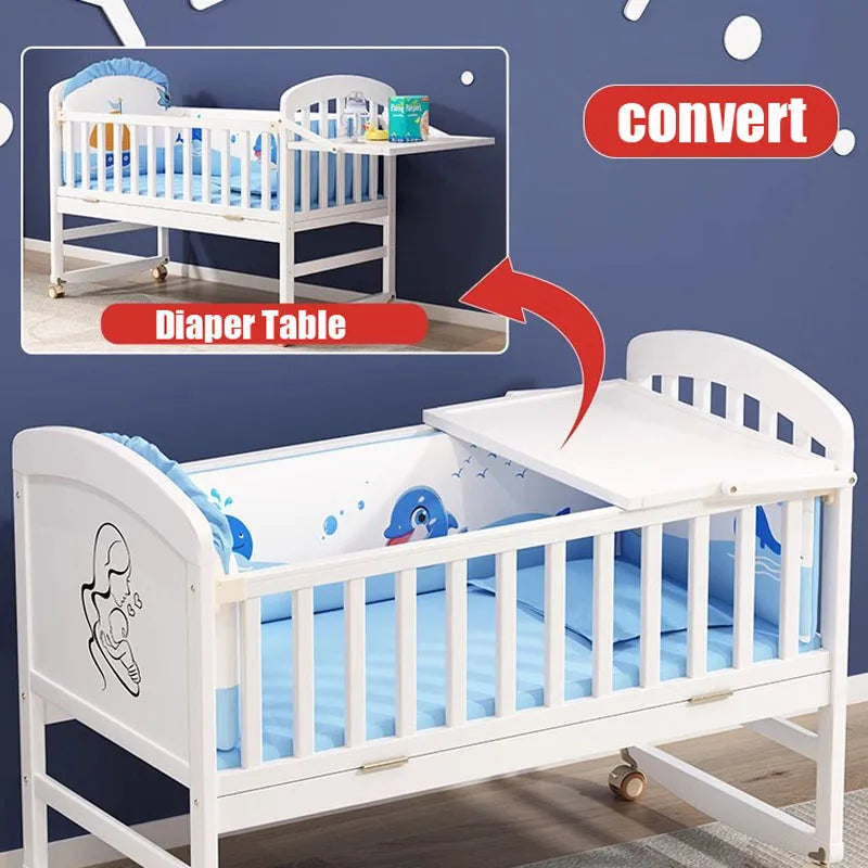 Wood Baby Crib With Mosquito Net And Diaper Table Convert To Kids Bed, Bedding Set, Baby Cot, Bed, Rocker Mattress