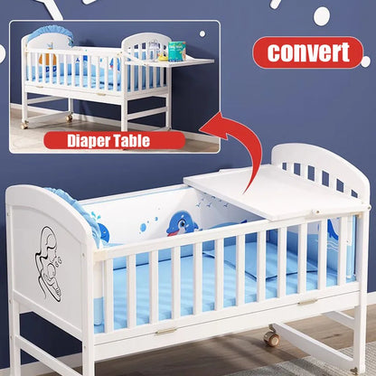 Wood Baby Crib With Mosquito Net And Diaper Table Convert To Kids Bed, Bedding Set, Baby Cot, Bed, Rocker Mattress