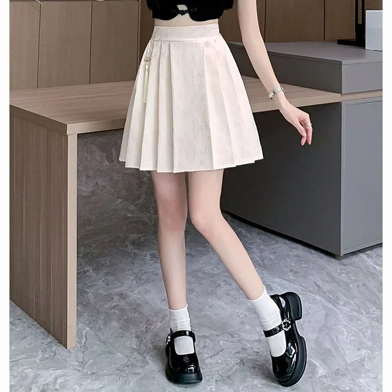 2025 Summer Female Plus Size Elastic Waist Skirts Women High Waisted Pleated Short Dress Lady Chic Designer Solid Printed Skirts