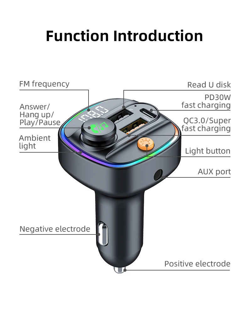 Bluetooth 5.4 FM Transmitter Handsfree Car AUX Radio Modulator MP3 Player with 22.5W & PD30W Fast Charge Adapter Car Accessories
