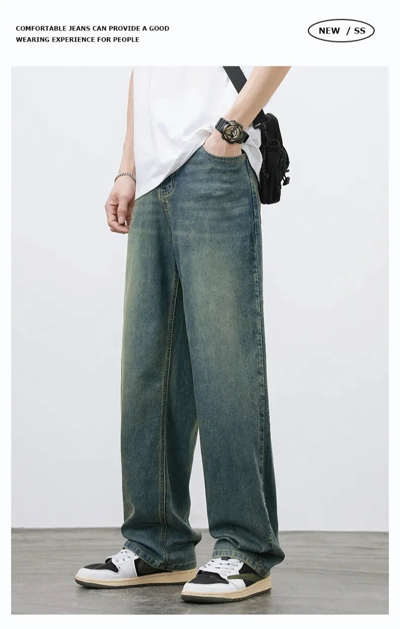 2025Spring Autumn New Men Straight Vintage Fit Jeans Casual Trousers High Quality Male Korean Fashion Baggy Wide Leg Denim Pants