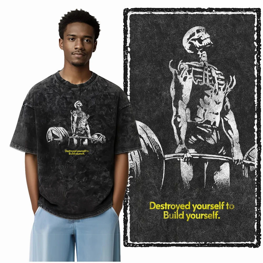 YG BODY BUILDING Printed Cotton Acid Washed Graphic Unisex T Shirt Cool CROSSFIT Streetwear Men Tshirts Big Size Tee for Men