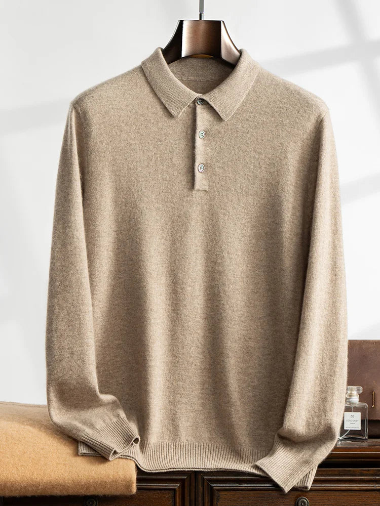 ANGEL 2024 Men's New POLO Shirt 100% Cashmere Knitted Pullover Solid Color Sweater Fall Winter Casual Business Office Jacket
