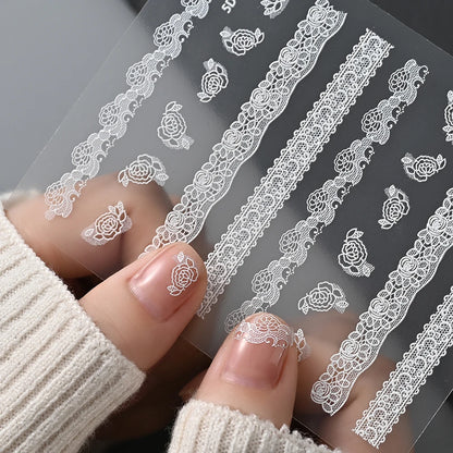2pcs Y2K White Lace 5D Nail Art Stickers White Embossed Flowers Petals Elegant French Decals Wedding Nails Manicure Decorations*