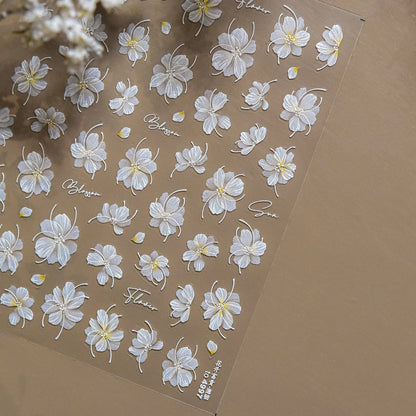 White Flower Petal Cherry Blossom Peach Blossom Falling Petal Floral Gradient 5D Self Adhesive Nail Art Sticker Manicure Decals
