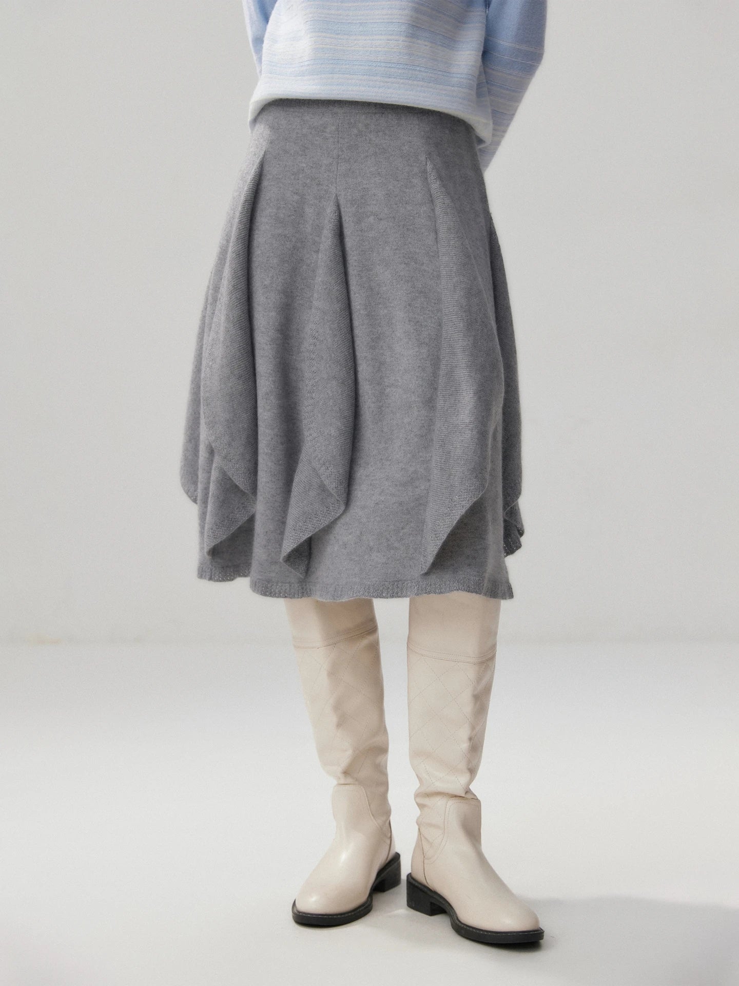 French 100% Pure Cashmere Skirt Ruffle Irregular A-line Soild Midi Sirt Autumn Winter Women Elegant Pleated  Knit Dress Fashion