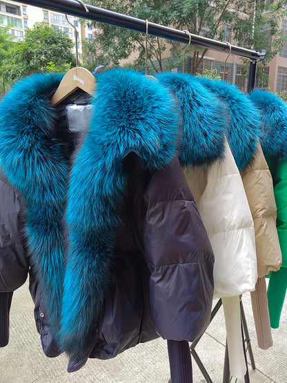 2024 Winter Women Warm Coat Oversized Real Fox Fur Collar Thick Luxury Outerwear New Fashion 90% Goose Down Jacket