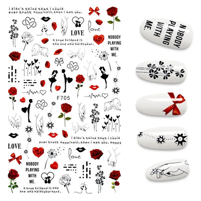 Black and White Love Flowers Line Art 3D Stickers Nail Decals Nail Art Accessories Butterfly Rose Nail Stickers Nail Sliders