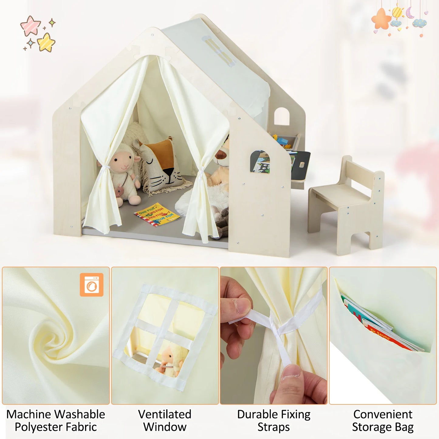 6-in-1 Children's Wooden Tent with Children's Table & Chair, Children's Play House with Mat, Blackboard, Storage Box, Chalk Box