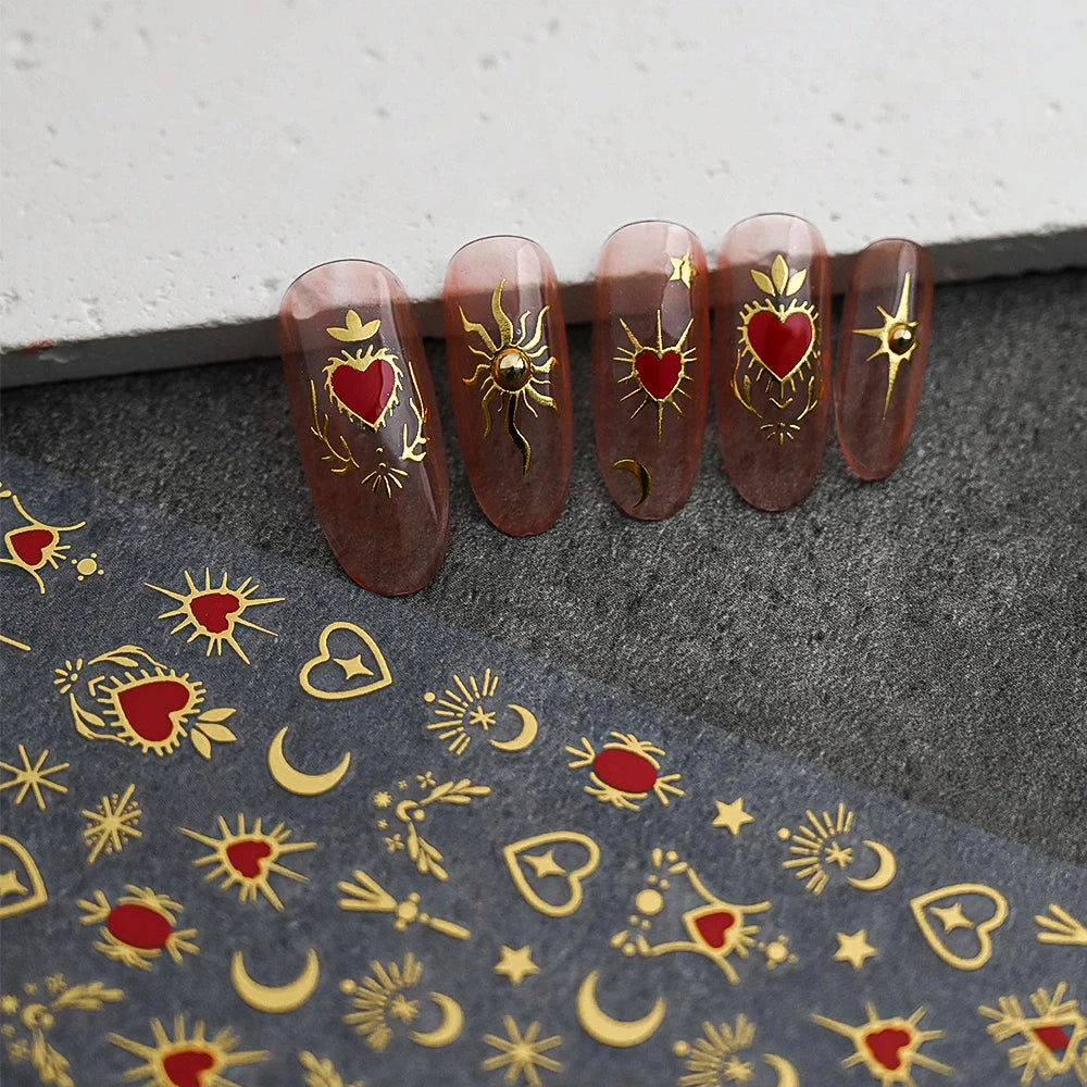 1pcs 3D Bronzing Gold Love Heart Nail Art Stickers Y2K Holographic Stars Sun Starlight DIY Nail Decals Heart Manicure Decoration