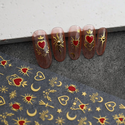 1pcs 3D Bronzing Gold Love Heart Nail Art Stickers Y2K Holographic Stars Sun Starlight DIY Nail Decals Heart Manicure Decoration