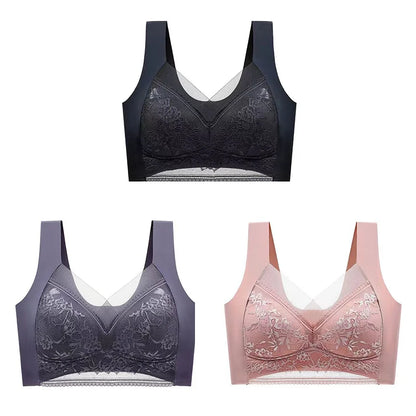 3Pcs Women Lace Bra Perspective Push Up Ice Silk Deep V Bralette Bra Sexy Lingerie Tops Plus Size Cup Mom's underwear L-5XL