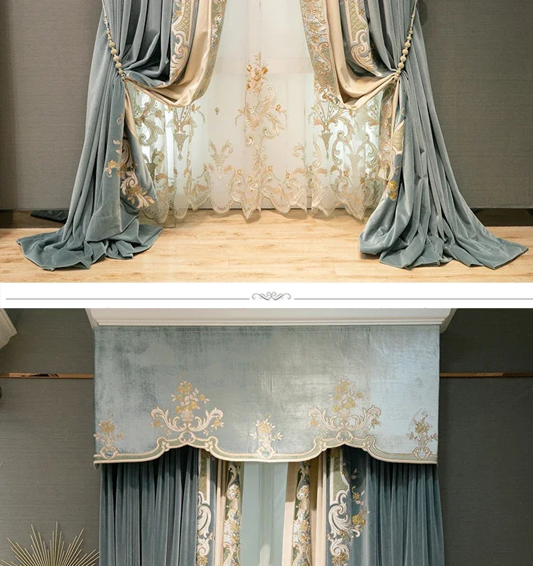 European Embroidered Thickened Blackout Blue Velvet Curtains for Living Room Bedroom Blackout  Lace Luxury Valance Tulle Custom