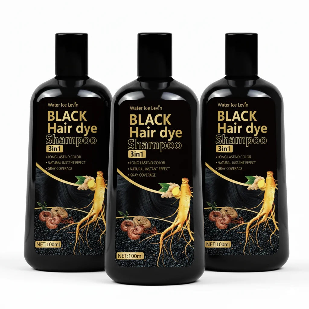 Pure Black Hair Dye Shampoo 3in1. Long Lasting Rich Color, Gray Coverage. Organic Ginger Polygonum Extracts. Gentle Effective.