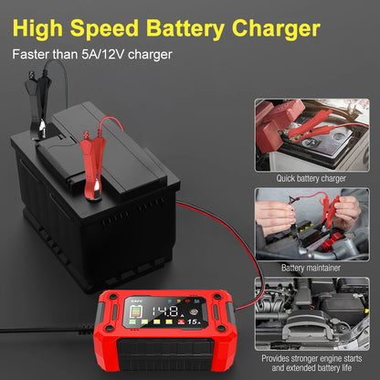 Newest 12V Car Battery Charger 15A/8A Pulse Repair Large Display Smart Charger for Car Motorcycle Lead Acid AGM GEL Batteries
