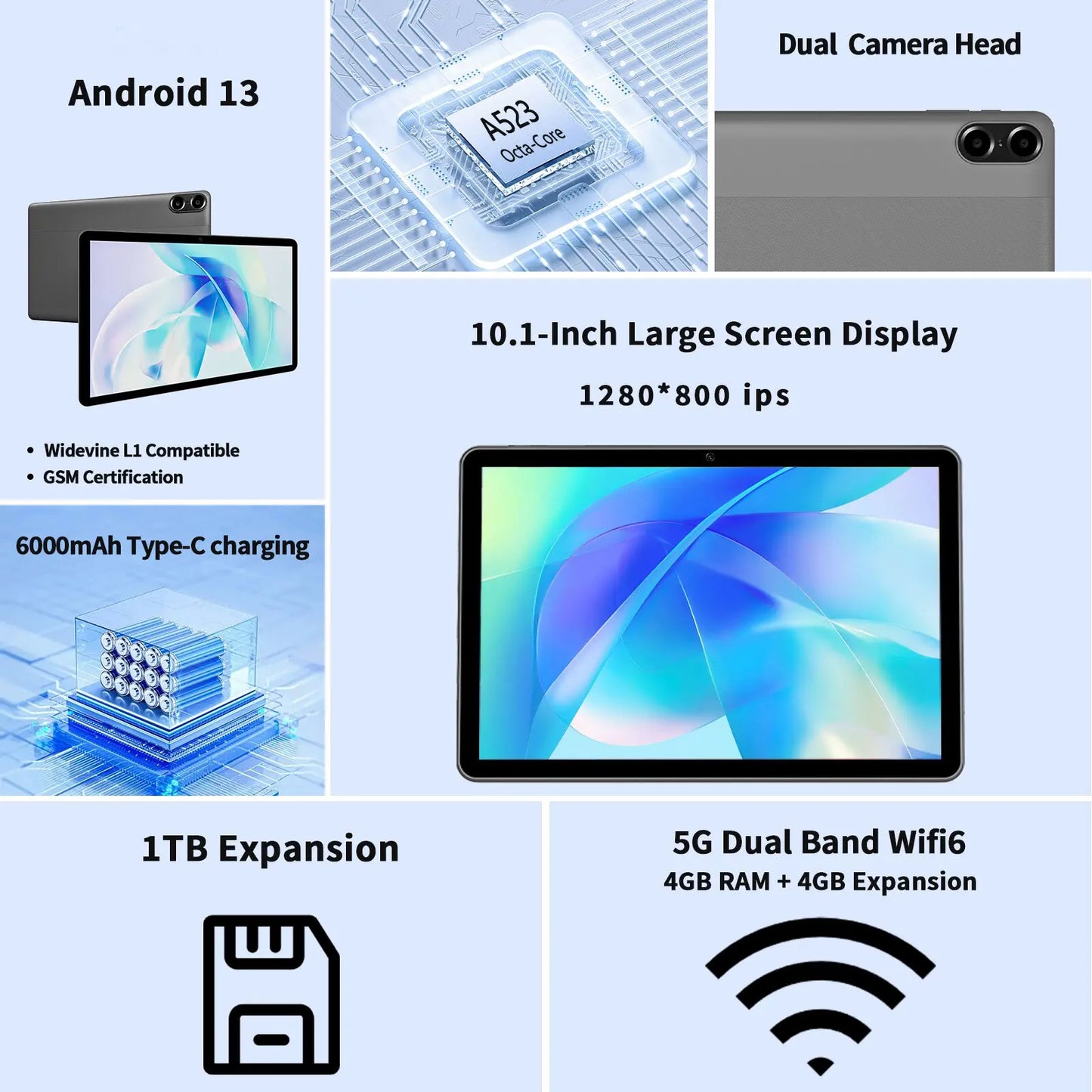10.1" Android Tablet with Octa-core Processor 16GB(4+12GB Virtual) RAM 64GB ROM HD IPS Touchscreen, Wi-Fi 6, BT 5.0, Dual Camera