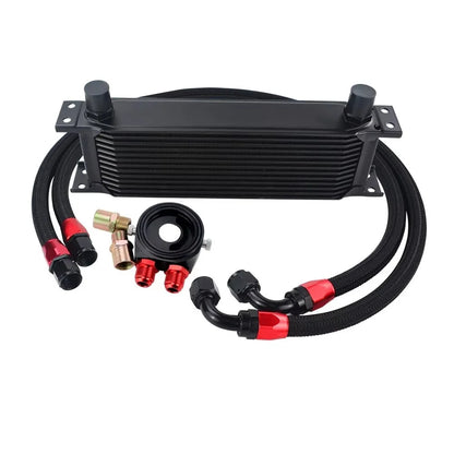 Universal 13 Rows Oil Cooler Kit + Oil Filter Sandwich Adapter + Nylon Stainless Steel Braided An10 Hose W/ PQY Sticker+Box