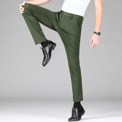 New Summer Men's Ice Silk High Stretch Business Suit Pants Male Army Green Blue Elastic Formal Office Straight Formal Trousers