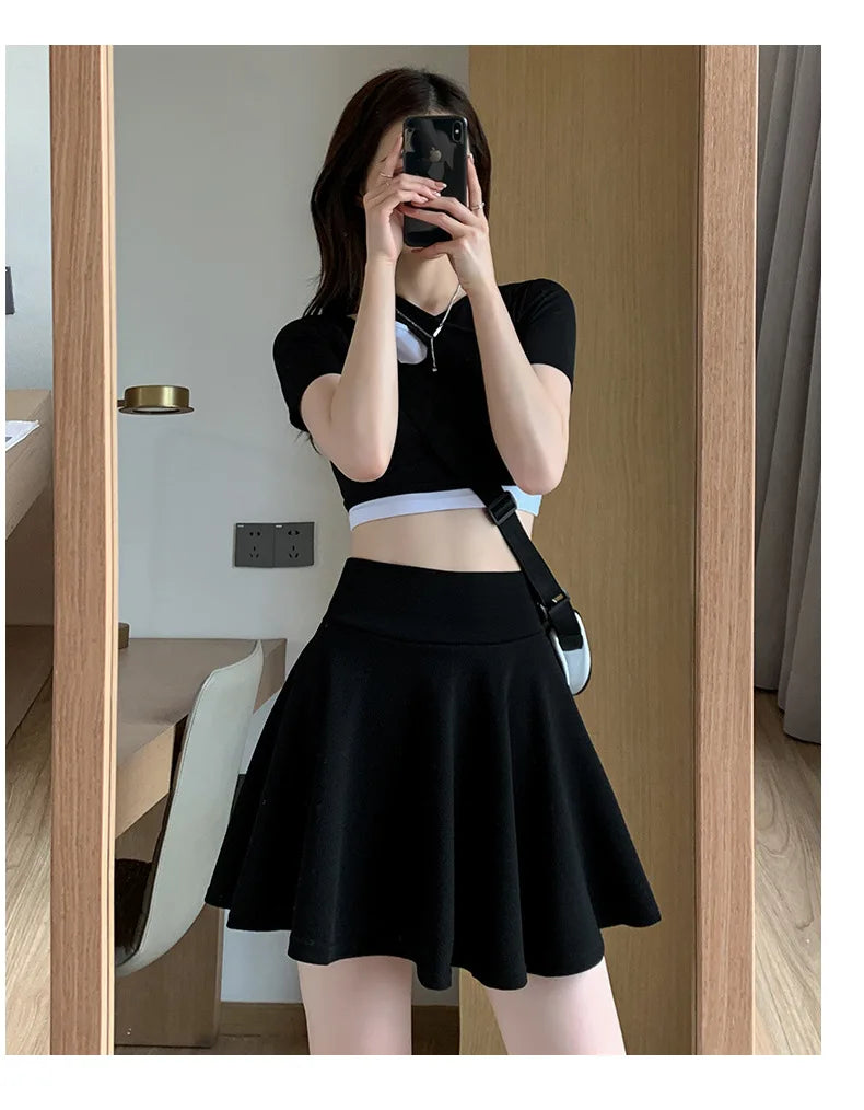 Summer Basic Skirts Women Shorts Mini Elastic Pleated Skirts High Waist Bubble Sun Skirts School Girl Uniform Lined Safety Pants