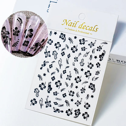 1pc 3D Hibiscus Flowers Nail Sticker White Black Flower Petals Adhesive Decals Pink Golden Floral Slider For Nail Art Decoration
