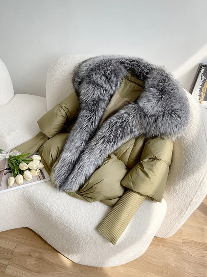Oversized Winter Warm Real Fox Fur Collar Black Down Coat Women Puffer Outerwear Jackets 2024 Autumn Winter