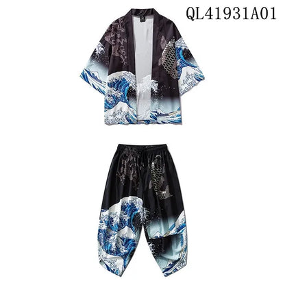 Large Size 5XL 6XL Japanese Kimono Cardigan Pants Set Print Fox Men Women Shirt Tradition Yukata Haori Obi Cosplay Costume