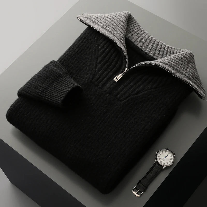 Pullover sweater for men, men's lapel sweater 2025 new loose knit autumn and winter full sleeved men's 100% Australian wool swea