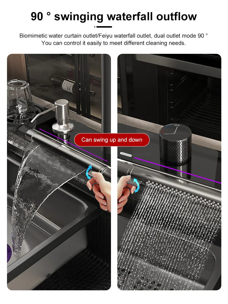 Household Waterfall Digital Display Kitchen Sink Stainless Steel Multifunction Wash Dish and Vegetables Basin Large Single Slot
