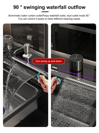 Household Waterfall Digital Display Kitchen Sink Stainless Steel Multifunction Wash Dish and Vegetables Basin Large Single Slot